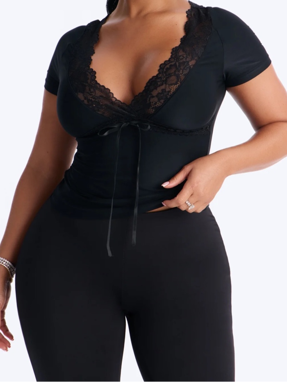 Fashion Nova Bridget Lace Trim Short Sleeve Top - Black Plus Size 2X